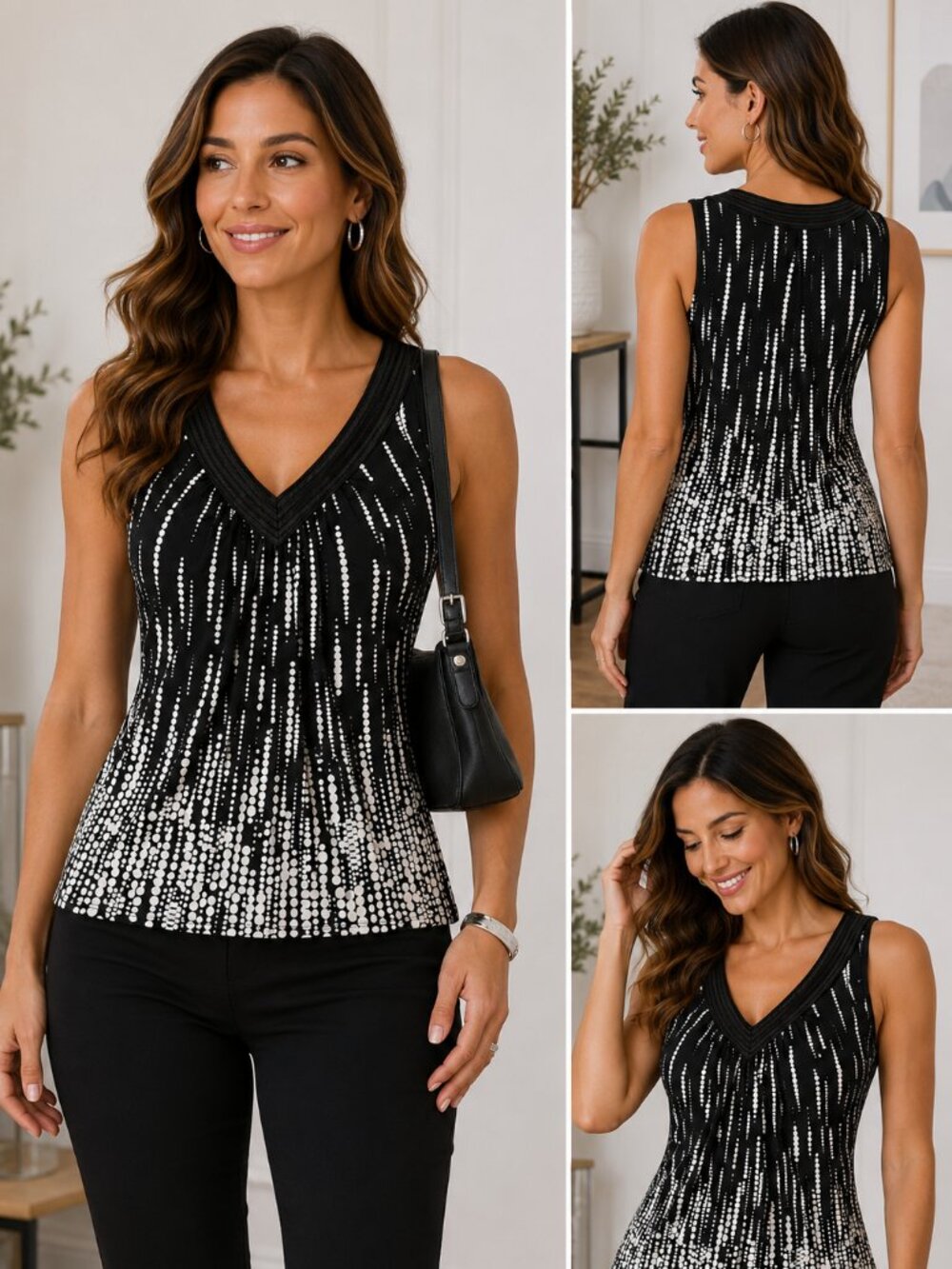 White House Black Market Black White Dotted V-Neck Sleeveless Top M